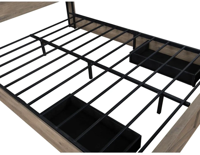 Alt view image 7 of 7 - Hassyee King Size Platform Bed with LED Lights and Charging Station, Panel Bed Frame with 2 Drawers and Barn Door Headboard, Floor Beds with Metal Slat Support for Bedroom Guest Room Apartment