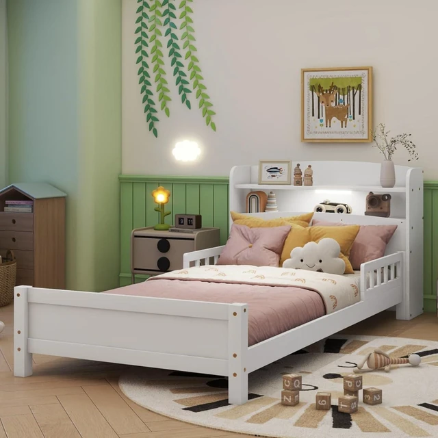 Alt view image 2 of 7 - Hassyee Twin/Full Size Wood Platform Bed with Bookcase Headboard and LED Light, Panel Bed Mattress Foundation with Guardrails and Slat Support for Master Bedroom Guest Room Apartment (White Twin)