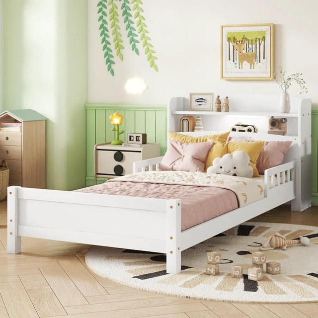 Alt view image 4 of 7 - Hassyee Twin/Full Size Wood Platform Bed with Bookcase Headboard and LED Light, Panel Bed Mattress Foundation with Guardrails and Slat Support for Master Bedroom Guest Room Apartment (White Twin)
