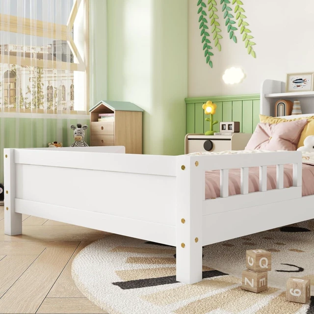 Alt view image 6 of 7 - Hassyee Twin/Full Size Wood Platform Bed with Bookcase Headboard and LED Light, Panel Bed Mattress Foundation with Guardrails and Slat Support for Master Bedroom Guest Room Apartment (White Twin)