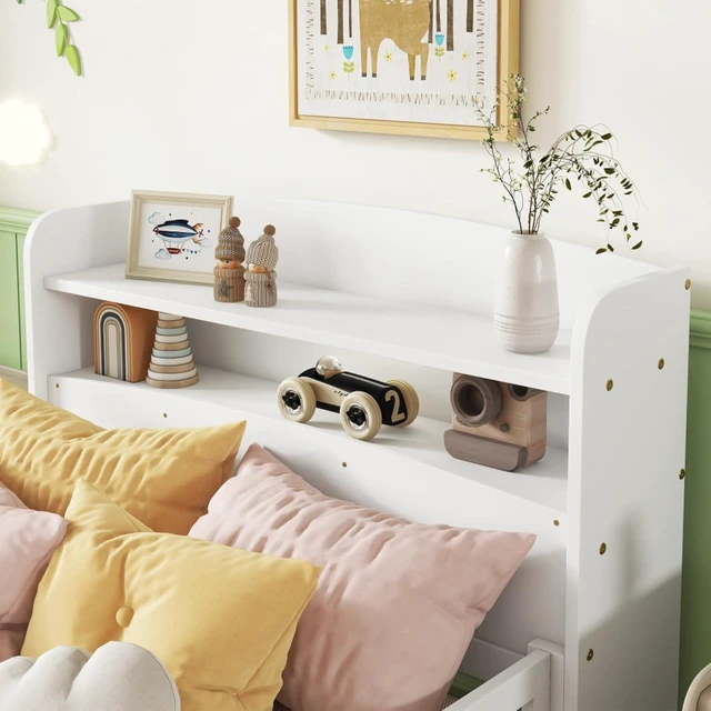 Alt view image 7 of 7 - Hassyee Twin/Full Size Wood Platform Bed with Bookcase Headboard and LED Light, Panel Bed Mattress Foundation with Guardrails and Slat Support for Master Bedroom Guest Room Apartment (White Twin)