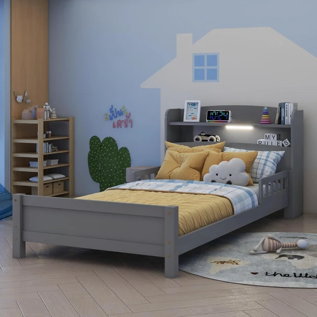 Alt view image 2 of 7 - Hassyee Twin/Full Size Wood Platform Bed with Bookcase Headboard and LED Light, Panel Bed Mattress Foundation with Guardrails and Slat Support for Master Bedroom Guest Room Apartment (Grey Twin)