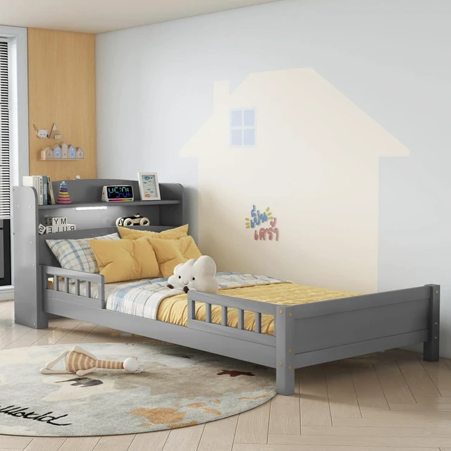 Alt view image 3 of 7 - Hassyee Twin/Full Size Wood Platform Bed with Bookcase Headboard and LED Light, Panel Bed Mattress Foundation with Guardrails and Slat Support for Master Bedroom Guest Room Apartment (Grey Twin)