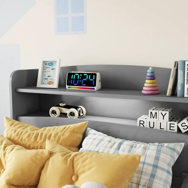 Alt view image 6 of 7 - Hassyee Twin/Full Size Wood Platform Bed with Bookcase Headboard and LED Light, Panel Bed Mattress Foundation with Guardrails and Slat Support for Master Bedroom Guest Room Apartment (Grey Twin)