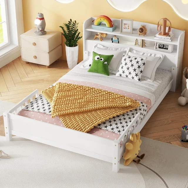 Main image of Hassyee Twin/Full Size Wood Platform Bed with Bookcase Headboard and LED Light, Panel Bed Mattress Foundation with Guardrails and Slat Support for Master Bedroom Guest Room Apartment (White Full)