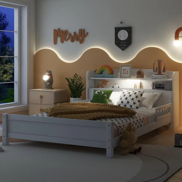 Alt view image 2 of 7 - Hassyee Twin/Full Size Wood Platform Bed with Bookcase Headboard and LED Light, Panel Bed Mattress Foundation with Guardrails and Slat Support for Master Bedroom Guest Room Apartment (White Full)
