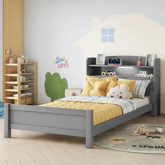 Alt view image 4 of 7 - Hassyee Twin/Full Size Wood Platform Bed with Bookcase Headboard and LED Light, Panel Bed Mattress Foundation with Guardrails and Slat Support for Master Bedroom Guest Room Apartment (Grey Twin)