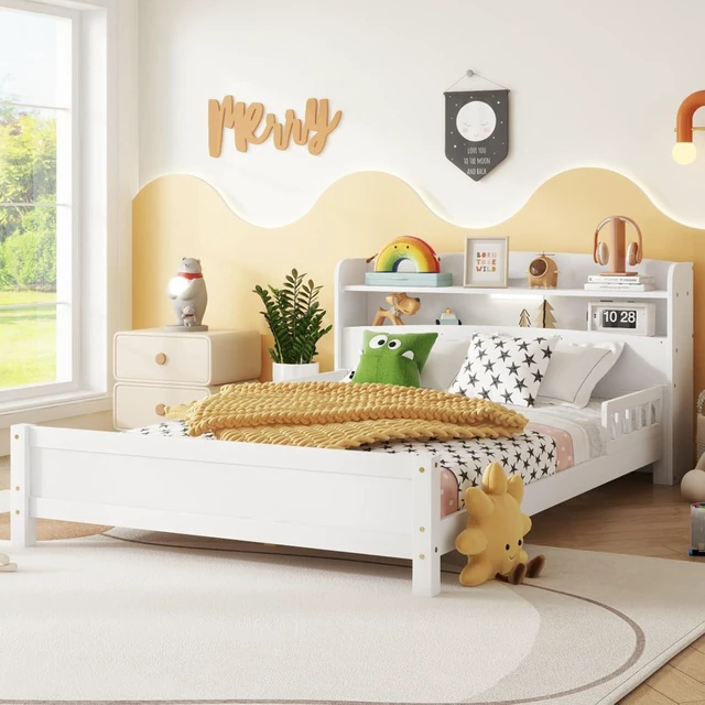 Alt view image 3 of 7 - Hassyee Twin/Full Size Wood Platform Bed with Bookcase Headboard and LED Light, Panel Bed Mattress Foundation with Guardrails and Slat Support for Master Bedroom Guest Room Apartment (White Full)