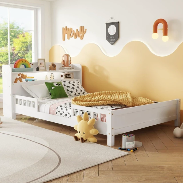 Alt view image 5 of 7 - Hassyee Twin/Full Size Wood Platform Bed with Bookcase Headboard and LED Light, Panel Bed Mattress Foundation with Guardrails and Slat Support for Master Bedroom Guest Room Apartment (White Full)