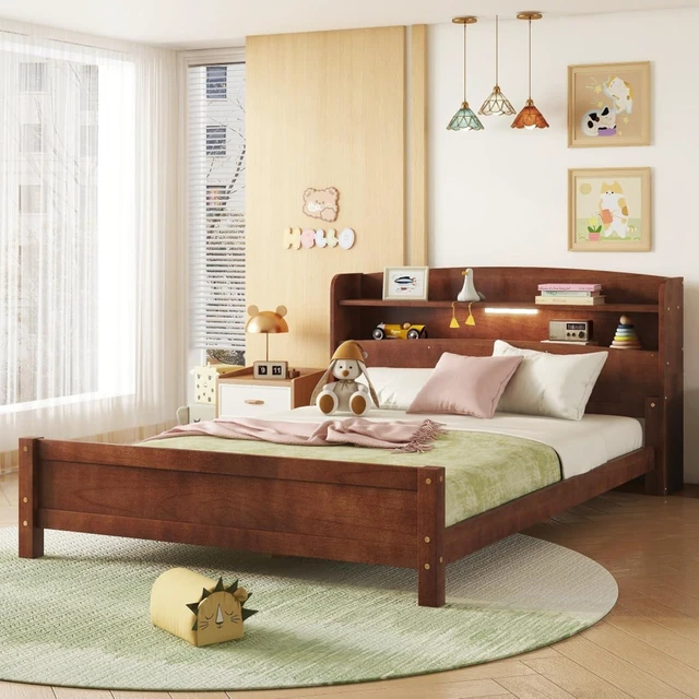 Alt view image 3 of 7 - Hassyee Twin/Full Size Wood Platform Bed with Bookcase Headboard and LED Light, Panel Bed Mattress Foundation with Guardrails and Slat Support for Master Bedroom Guest Room Apartment (Walnut Full)