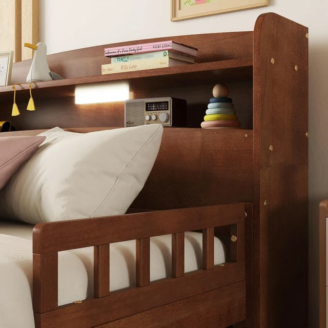 Alt view image 5 of 7 - Hassyee Twin/Full Size Wood Platform Bed with Bookcase Headboard and LED Light, Panel Bed Mattress Foundation with Guardrails and Slat Support for Master Bedroom Guest Room Apartment (Walnut Full)