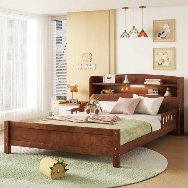 Alt view image 4 of 7 - Hassyee Twin/Full Size Wood Platform Bed with Bookcase Headboard and LED Light, Panel Bed Mattress Foundation with Guardrails and Slat Support for Master Bedroom Guest Room Apartment (Walnut Full)