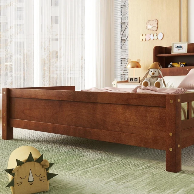 Alt view image 6 of 7 - Hassyee Twin/Full Size Wood Platform Bed with Bookcase Headboard and LED Light, Panel Bed Mattress Foundation with Guardrails and Slat Support for Master Bedroom Guest Room Apartment (Walnut Full)