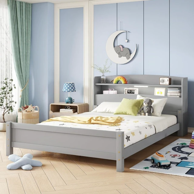 Alt view image 2 of 7 - Hassyee Twin/Full Size Wood Platform Bed with Bookcase Headboard and LED Light, Panel Bed Mattress Foundation with Guardrails and Slat Support for Master Bedroom Guest Room Apartment (Grey Full)