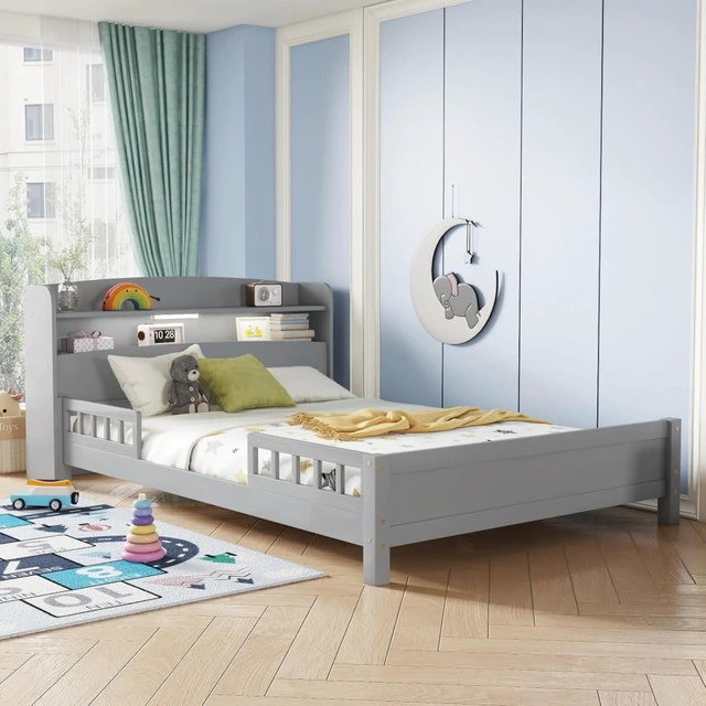 Alt view image 3 of 7 - Hassyee Twin/Full Size Wood Platform Bed with Bookcase Headboard and LED Light, Panel Bed Mattress Foundation with Guardrails and Slat Support for Master Bedroom Guest Room Apartment (Grey Full)