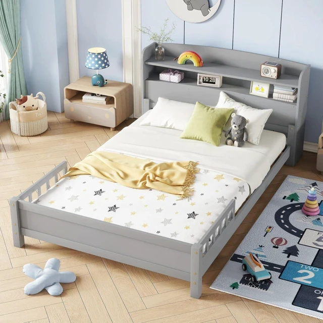 Alt view image 4 of 7 - Hassyee Twin/Full Size Wood Platform Bed with Bookcase Headboard and LED Light, Panel Bed Mattress Foundation with Guardrails and Slat Support for Master Bedroom Guest Room Apartment (Grey Full)
