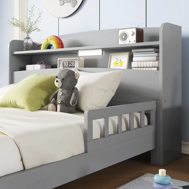 Alt view image 6 of 7 - Hassyee Twin/Full Size Wood Platform Bed with Bookcase Headboard and LED Light, Panel Bed Mattress Foundation with Guardrails and Slat Support for Master Bedroom Guest Room Apartment (Grey Full)
