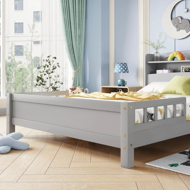 Alt view image 7 of 7 - Hassyee Twin/Full Size Wood Platform Bed with Bookcase Headboard and LED Light, Panel Bed Mattress Foundation with Guardrails and Slat Support for Master Bedroom Guest Room Apartment (Grey Full)