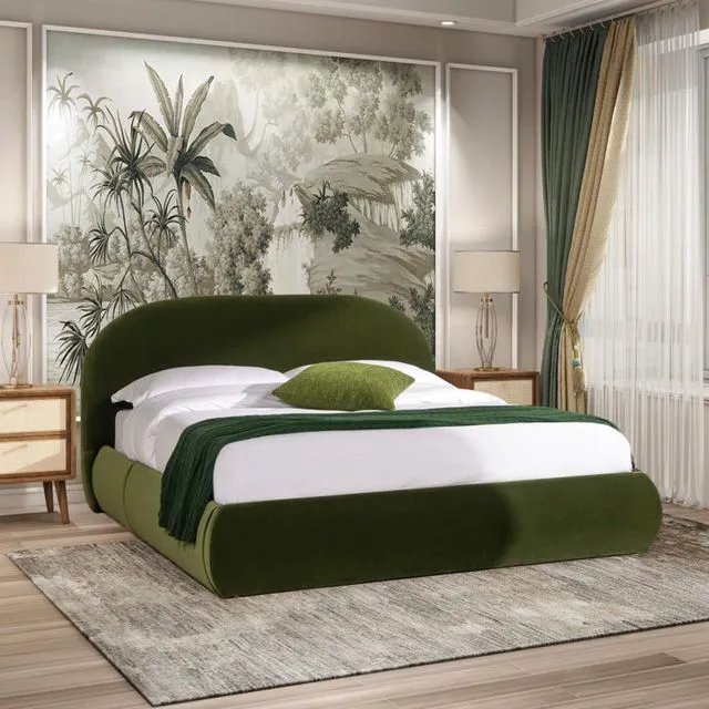 Main image of Hassyee King/Queen Size Upholstered Platform Bed with Velvet Headboard, Panel Bed Frame with Slat Support, Grounded Beds for Master Bedroom Guest Room Apartment, No Box Spring Needed (Queen Green)