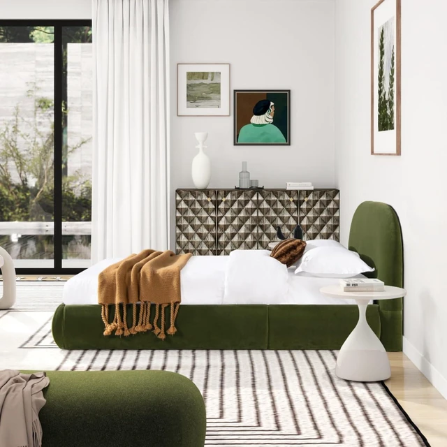 Alt view image 6 of 7 - Hassyee King/Queen Size Upholstered Platform Bed with Velvet Headboard, Panel Bed Frame with Slat Support, Grounded Beds for Master Bedroom Guest Room Apartment, No Box Spring Needed (Queen Green)