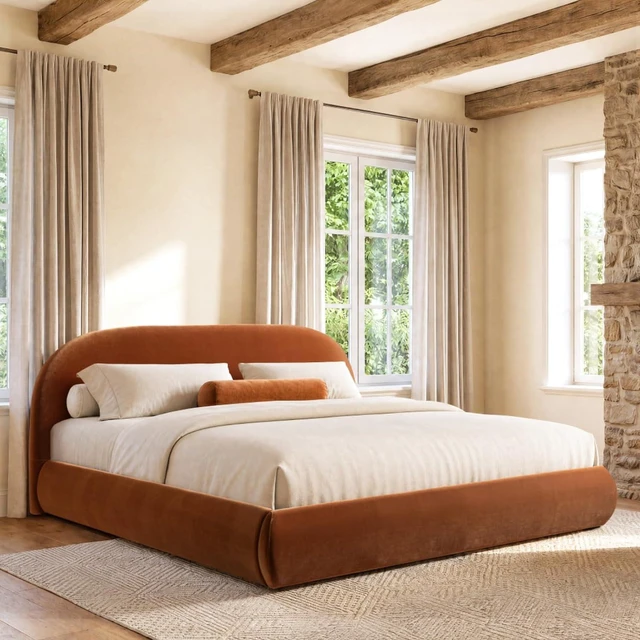 Main image of King/Queen Size Upholstered Platform Bed with Velvet Headboard, Panel Bed Frame with Slat Support, Grounded Beds for Master Bedroom Guest Room Apartment, No Box Spring Needed (King Burnt Orange)