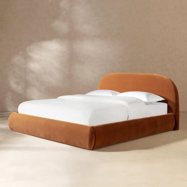Alt view image 2 of 7 - King/Queen Size Upholstered Platform Bed with Velvet Headboard, Panel Bed Frame with Slat Support, Grounded Beds for Master Bedroom Guest Room Apartment, No Box Spring Needed (King Burnt Orange)