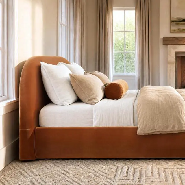 Alt view image 3 of 7 - King/Queen Size Upholstered Platform Bed with Velvet Headboard, Panel Bed Frame with Slat Support, Grounded Beds for Master Bedroom Guest Room Apartment, No Box Spring Needed (King Burnt Orange)