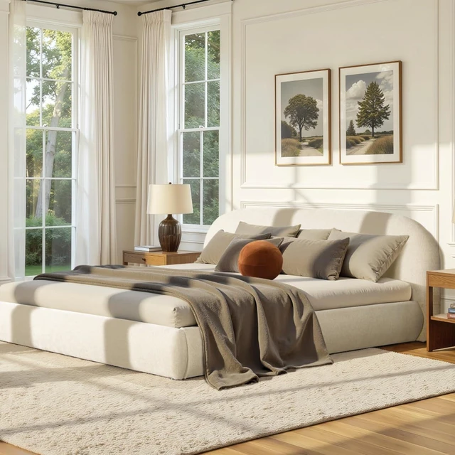 Main image of Hassyee King/Queen Size Upholstered Platform Bed with Velvet Headboard, Panel Bed Frame with Slat Support, Grounded Beds for Master Bedroom Guest Room Apartment, No Box Spring Needed (King Beige)