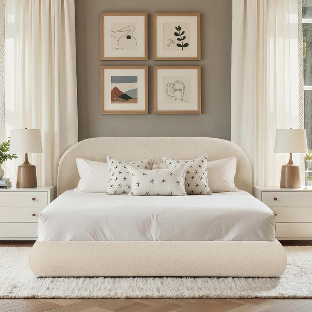 Alt view image 3 of 7 - Hassyee King/Queen Size Upholstered Platform Bed with Velvet Headboard, Panel Bed Frame with Slat Support, Grounded Beds for Master Bedroom Guest Room Apartment, No Box Spring Needed (King Beige)