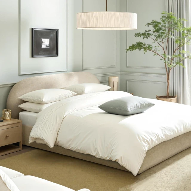 Alt view image 2 of 7 - Hassyee King/Queen Size Upholstered Platform Bed with Velvet Headboard, Panel Bed Frame with Slat Support, Grounded Beds for Master Bedroom Guest Room Apartment, No Box Spring Needed (King Beige)