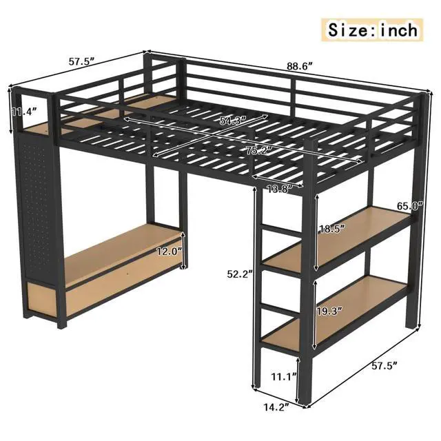 Alt view image 2 of 7 - Queen/Twin XL/Full Size Loft Bed with Wardrobe, Guardrails and Ladder, Metal Dorm Bed with Storage Shelves, Drawer and Pegboard, Corner Beds for Teens Apartment Bedroom Guest Room (Black Full)