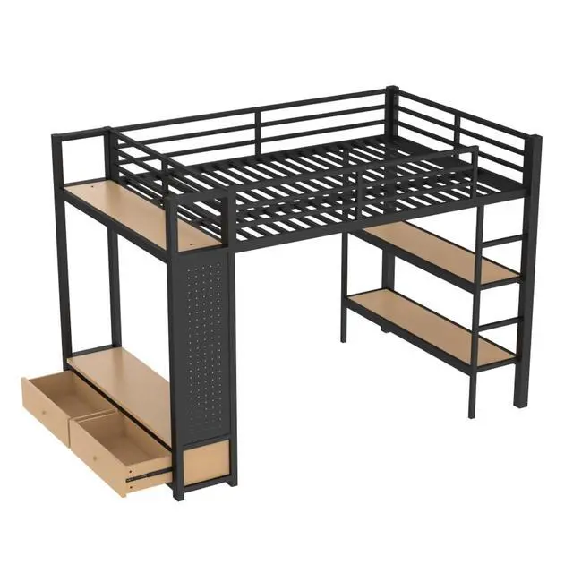Alt view image 5 of 7 - Queen/Twin XL/Full Size Loft Bed with Wardrobe, Guardrails and Ladder, Metal Dorm Bed with Storage Shelves, Drawer and Pegboard, Corner Beds for Teens Apartment Bedroom Guest Room (Black Full)
