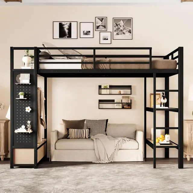 Alt view image 3 of 7 - Queen/Twin XL/Full Size Loft Bed with Wardrobe, Guardrails and Ladder, Metal Dorm Bed with Storage Shelves, Drawer and Pegboard, Corner Beds for Teens Apartment Bedroom Guest Room (Black Full)