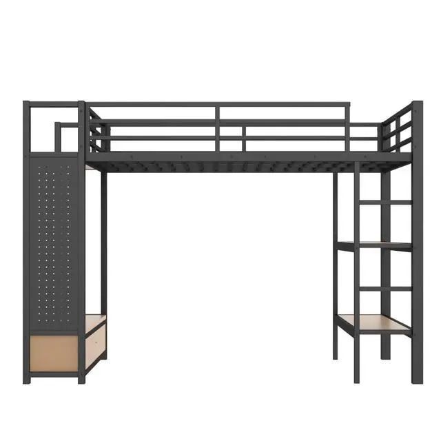 Alt view image 6 of 7 - Queen/Twin XL/Full Size Loft Bed with Wardrobe, Guardrails and Ladder, Metal Dorm Bed with Storage Shelves, Drawer and Pegboard, Corner Beds for Teens Apartment Bedroom Guest Room (Black Full)