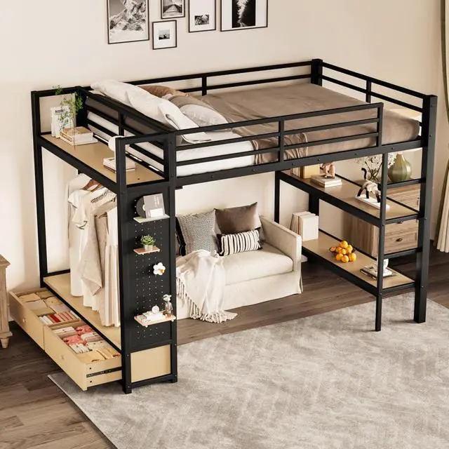 Alt view image 4 of 7 - Queen/Twin XL/Full Size Loft Bed with Wardrobe, Guardrails and Ladder, Metal Dorm Bed with Storage Shelves, Drawer and Pegboard, Corner Beds for Teens Apartment Bedroom Guest Room (Black Full)
