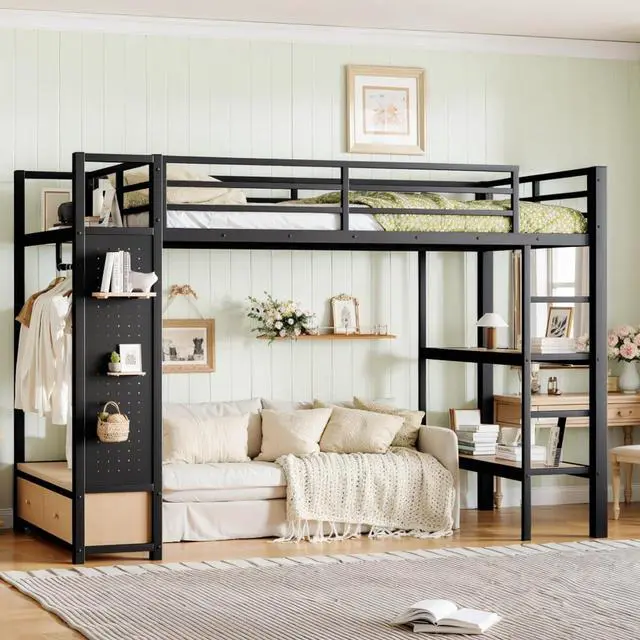 Main image of Queen/Twin XL/Full Size Loft Bed with Wardrobe, Guardrails and Ladder, Metal Dorm Bed with Storage Shelves, Drawer and Pegboard, Corner Beds for Teens Apartment Bedroom Guest Room (Black Twin XL)