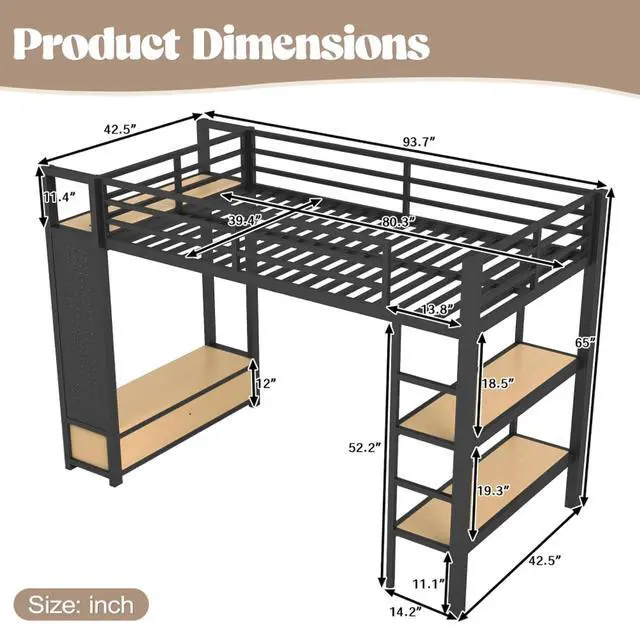 Alt view image 2 of 7 - Queen/Twin XL/Full Size Loft Bed with Wardrobe, Guardrails and Ladder, Metal Dorm Bed with Storage Shelves, Drawer and Pegboard, Corner Beds for Teens Apartment Bedroom Guest Room (Black Twin XL)