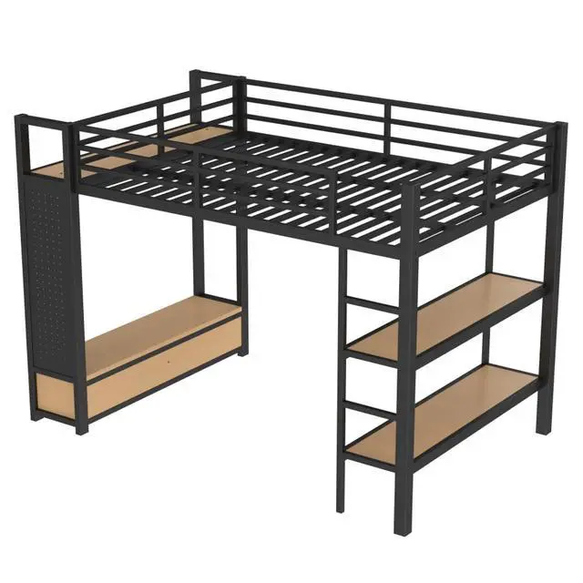 Alt view image 7 of 7 - Queen/Twin XL/Full Size Loft Bed with Wardrobe, Guardrails and Ladder, Metal Dorm Bed with Storage Shelves, Drawer and Pegboard, Corner Beds for Teens Apartment Bedroom Guest Room (Black Full)