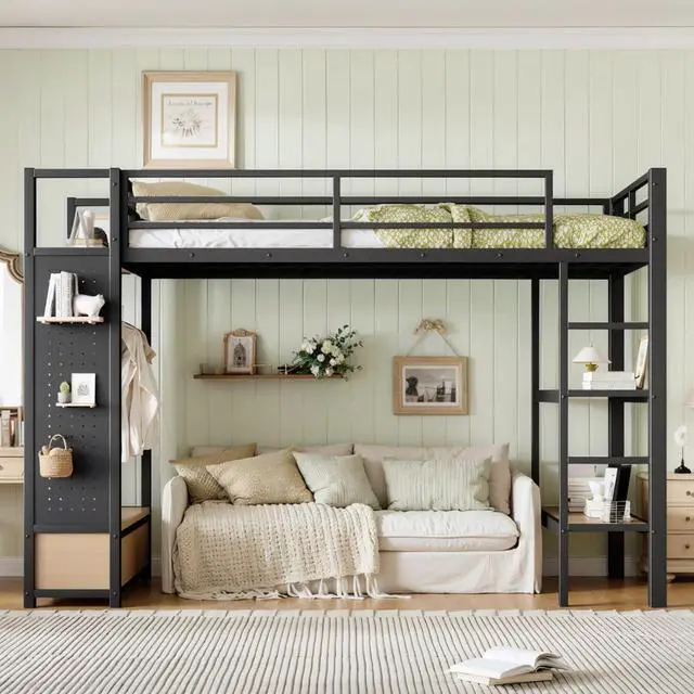 Alt view image 4 of 7 - Queen/Twin XL/Full Size Loft Bed with Wardrobe, Guardrails and Ladder, Metal Dorm Bed with Storage Shelves, Drawer and Pegboard, Corner Beds for Teens Apartment Bedroom Guest Room (Black Twin XL)