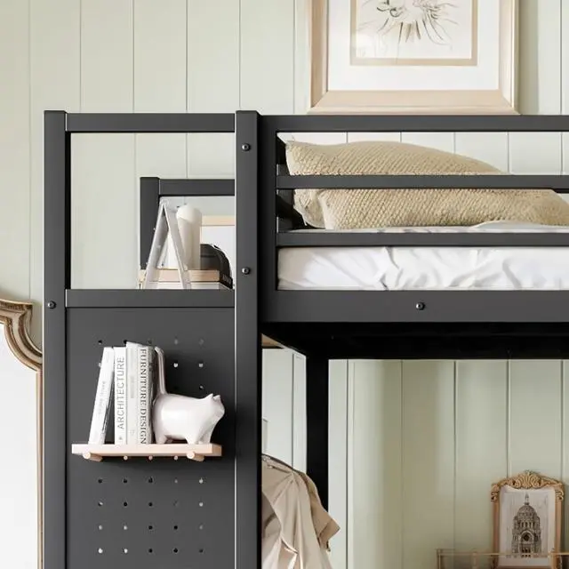 Alt view image 5 of 7 - Queen/Twin XL/Full Size Loft Bed with Wardrobe, Guardrails and Ladder, Metal Dorm Bed with Storage Shelves, Drawer and Pegboard, Corner Beds for Teens Apartment Bedroom Guest Room (Black Twin XL)