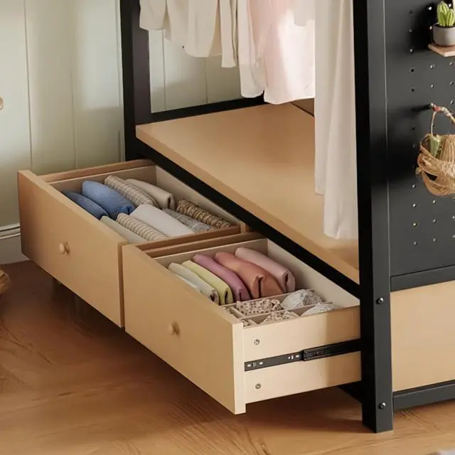 Alt view image 6 of 7 - Queen/Twin XL/Full Size Loft Bed with Wardrobe, Guardrails and Ladder, Metal Dorm Bed with Storage Shelves, Drawer and Pegboard, Corner Beds for Teens Apartment Bedroom Guest Room (Black Twin XL)