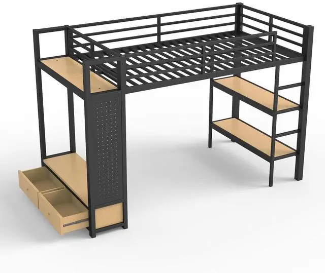 Alt view image 7 of 7 - Queen/Twin XL/Full Size Loft Bed with Wardrobe, Guardrails and Ladder, Metal Dorm Bed with Storage Shelves, Drawer and Pegboard, Corner Beds for Teens Apartment Bedroom Guest Room (Black Twin XL)