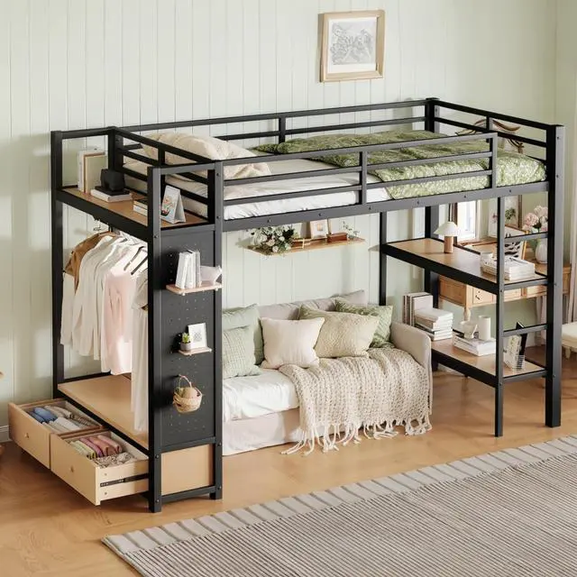 Alt view image 3 of 7 - Queen/Twin XL/Full Size Loft Bed with Wardrobe, Guardrails and Ladder, Metal Dorm Bed with Storage Shelves, Drawer and Pegboard, Corner Beds for Teens Apartment Bedroom Guest Room (Black Twin XL)