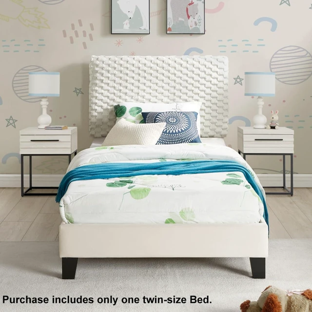 Alt view image 3 of 7 - Twin/Queen/Full Size Upholstered Platform Bed with Woven Headboard and Wood Slat Support, Panel Bed Mattress Foundation for Master Bedroom Guest Room Apartment, No Box Spring Needed (Off White Twin)