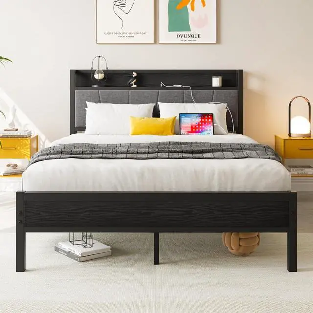 Alt view image 2 of 7 - Hassyee Twin/Queen/Full Size Upholstered Platform Bed Frame with Storage Headboard and Footboard, Metal Panel Bed Frame with USB Charging Station for Master Bedroom Guest Room (Full Size + Black)