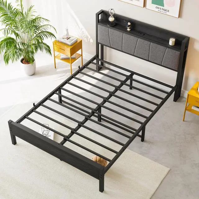 Alt view image 3 of 7 - Hassyee Twin/Queen/Full Size Upholstered Platform Bed Frame with Storage Headboard and Footboard, Metal Panel Bed Frame with USB Charging Station for Master Bedroom Guest Room (Full Size + Black)
