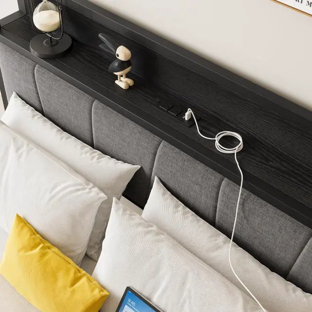Alt view image 5 of 7 - Hassyee Twin/Queen/Full Size Upholstered Platform Bed Frame with Storage Headboard and Footboard, Metal Panel Bed Frame with USB Charging Station for Master Bedroom Guest Room (Full Size + Black)