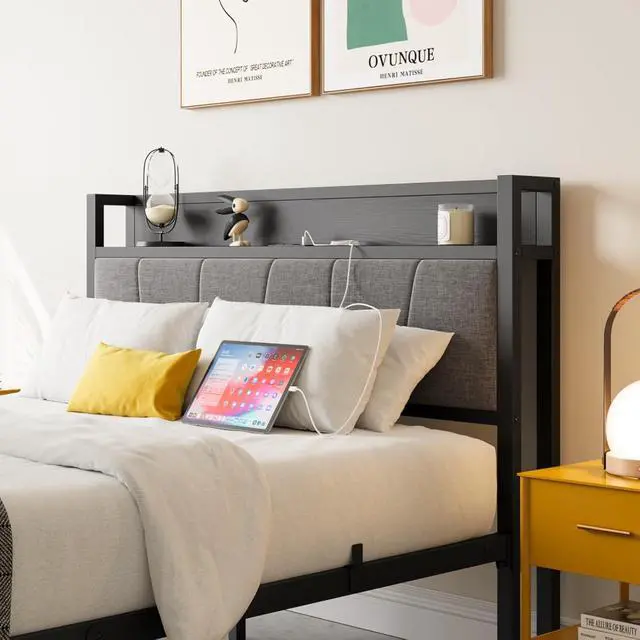 Alt view image 6 of 7 - Hassyee Twin/Queen/Full Size Upholstered Platform Bed Frame with Storage Headboard and Footboard, Metal Panel Bed Frame with USB Charging Station for Master Bedroom Guest Room (Full Size + Black)