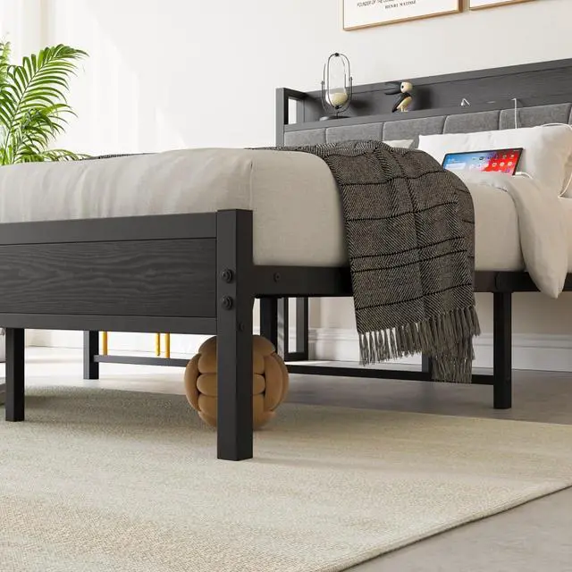 Alt view image 7 of 7 - Hassyee Twin/Queen/Full Size Upholstered Platform Bed Frame with Storage Headboard and Footboard, Metal Panel Bed Frame with USB Charging Station for Master Bedroom Guest Room (Full Size + Black)