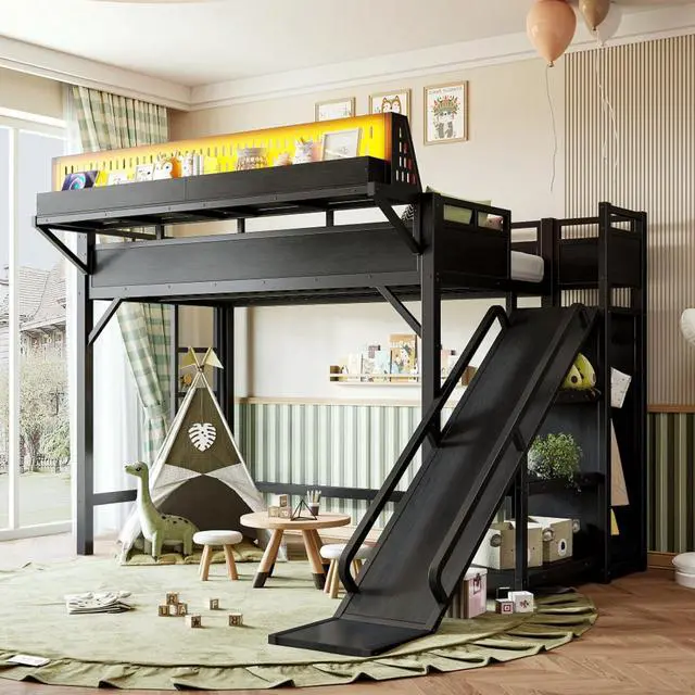 Main image of Twin XL/Queen/Full Size Loft Bed with Slide, Storage Shelves and Wardrobe, Metal Dorm Bed with USB Ports and LED Lights, Corner Beds with Pegboard for Master Bedroom Guest Room (Black Twin XL)